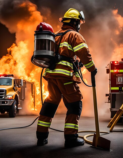 Foto un bomberos está sosteniendo una manguera al lado de un camión de bomberos