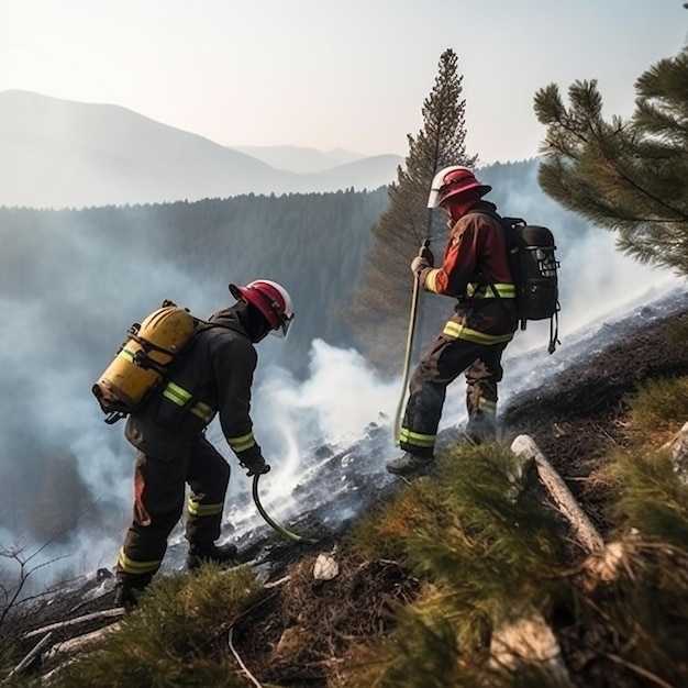 Foto los bomberos con trajes de protección y máscaras apagan un incendio en la naturaleza en las montañas en el caluroso verano