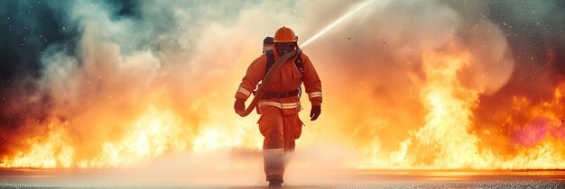 Bomberos usando agua y extintor para luchar con Ai generativo