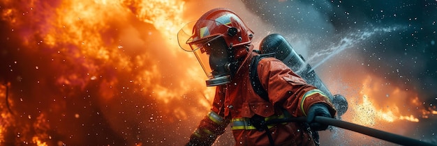 Bomberos usando agua y extintor para luchar con Ai generativo