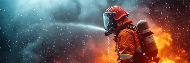 Bomberos usando agua y extintor para luchar con Ai generativo