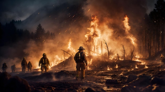 Los bomberos vestidos con equipo de protección caminan hacia un incendio furioso AI generativa