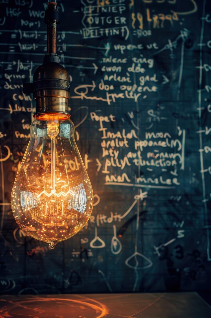 Una bombilla brillante contra una pizarra llena de ecuaciones matemáticas complejas que simbolizan la innovación y la resolución de problemas