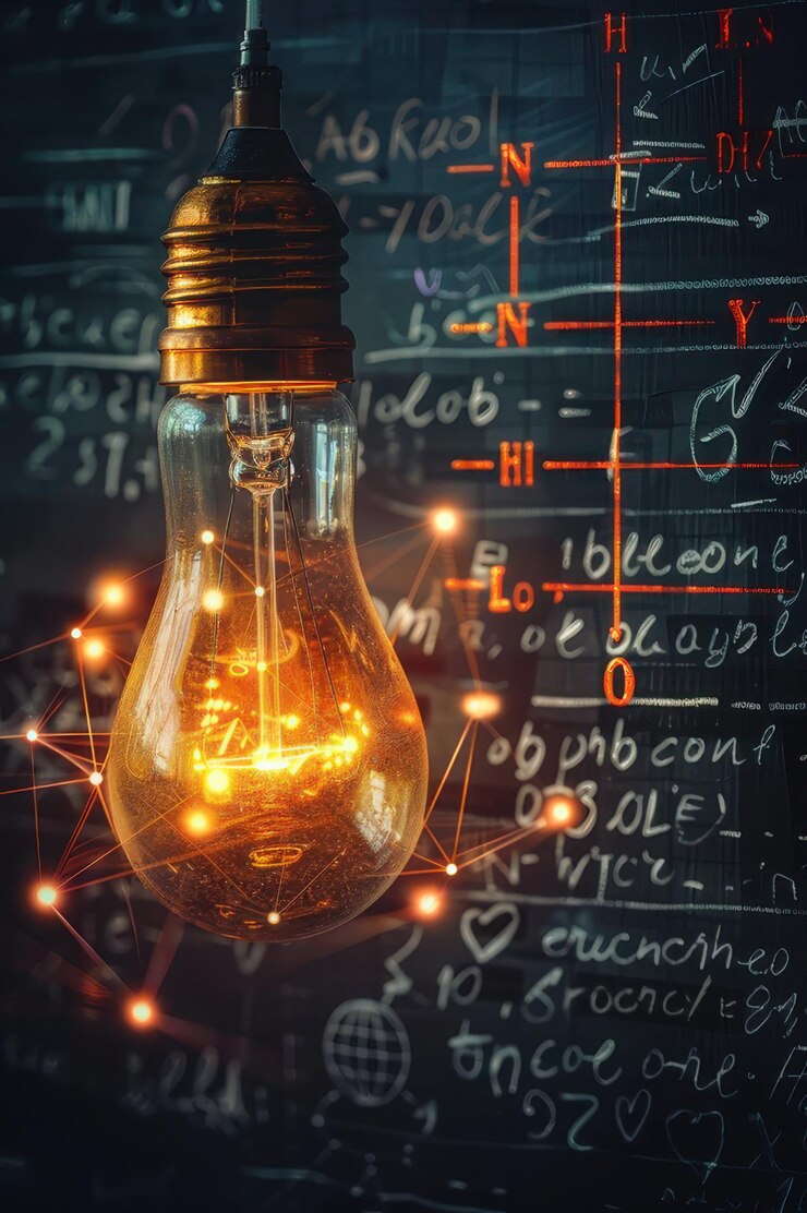 Una bombilla brillante contra una pizarra llena de ecuaciones matemáticas complejas que simbolizan la innovación y la resolución de problemas