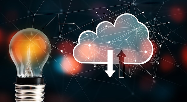 Bombilla brillante e iconos de almacenamiento en la nube