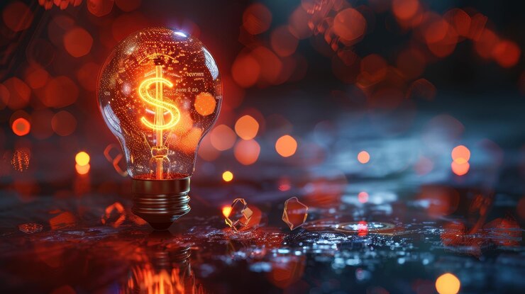Una bombilla brillante con signo de dólar que simboliza la innovación financiera y las ideas económicas brillantes