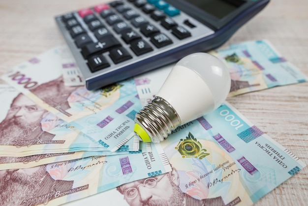 Bombilla y calculadora de ahorro de energía Hryvnia El concepto de ahorro de energía ahorro