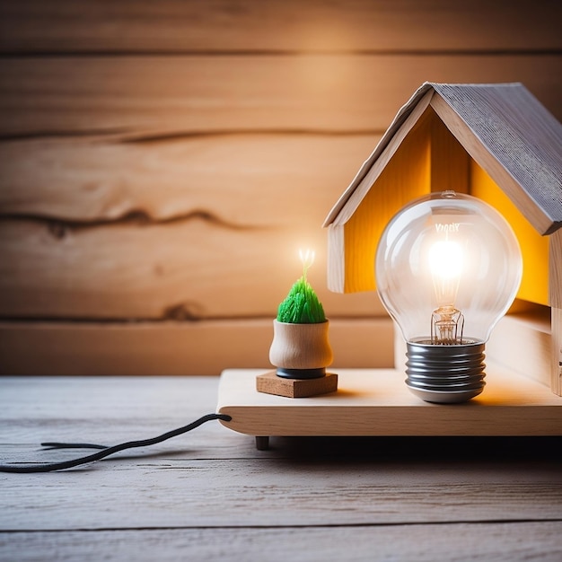 Bombilla y casa de madera sobre la mesa con línea de luz que ahorra electricidad innovación