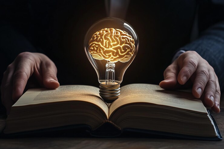 Foto una bombilla cerebral iluminada en un libro abierto en manos de un hombre de negocios