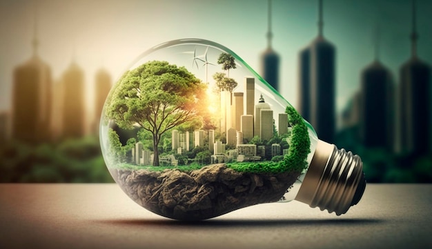 Bombilla y ciudad ecología verde energía alternativa Generativa Ai