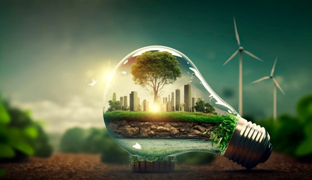 Bombilla y ciudad ecología verde energía alternativa Generativa Ai