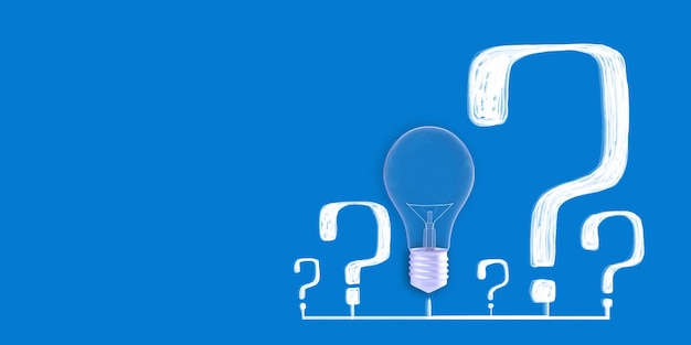 Una bombilla con un concepto de signo de interrogación digital en un fondo azul que simboliza ideas y consultas Rendering 3D