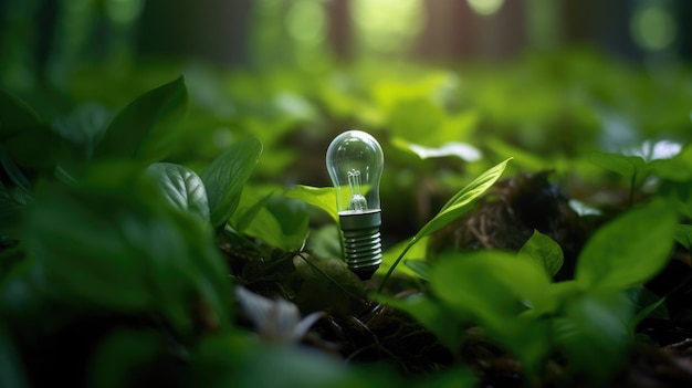 Bombilla de conservación de energía sobre el fondo de hojas verdes como símbolo