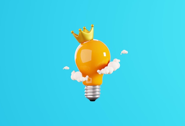 Foto bombilla con corona y nube aislada sobre fondo azul concepto de idea creativa 3d