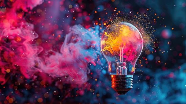 La bombilla creativa explota con pintura de colores y salpicaduras