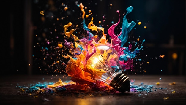 Una bombilla creativa explota con pintura colorida y salpicaduras Ai Generated