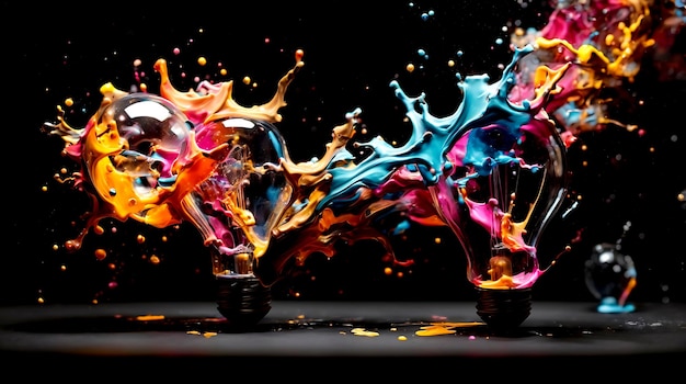 La bombilla creativa explota con pintura colorida y salpicaduras en un fondo negro