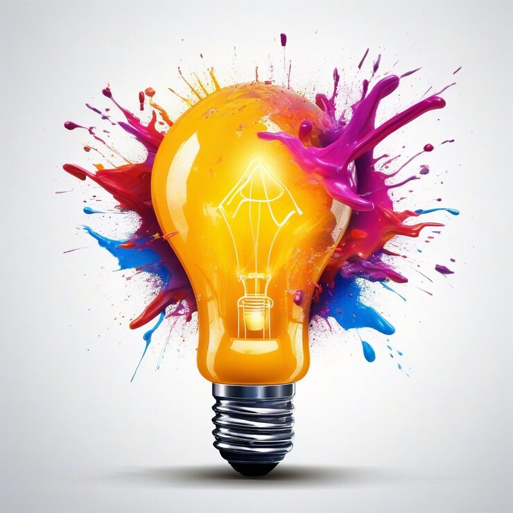 La bombilla creativa explota con pintura colorida y salpicaduras Piensa de manera diferente concepto de idea creativa