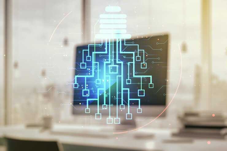Foto bombilla creativa con holograma de chip en el fondo de una computadora portátil moderna concepto de inteligencia artificial y redes neuronales multiexposición