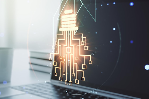 Bombilla creativa con holograma de chip en el fondo de una computadora portátil moderna Concepto de inteligencia artificial y redes neuronales Multiexposición