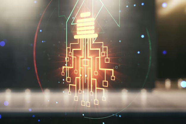 Bombilla creativa virtual con holograma de chip en el fondo exterior del centro de negocios contemporáneo Inteligencia artificial y concepto de redes neuronales Multiexposición
