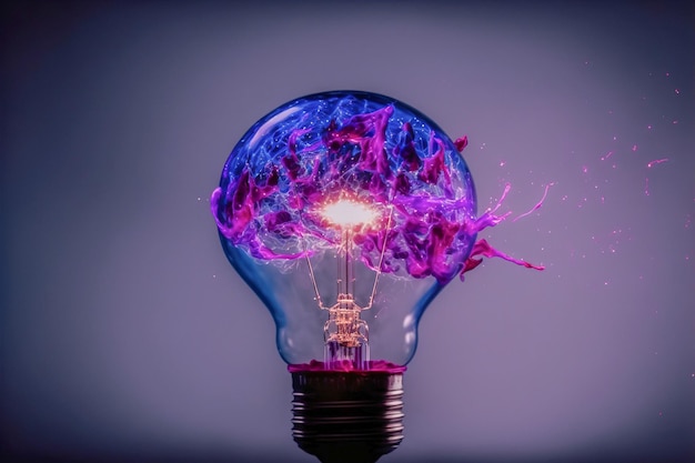 Bombilla eléctrica rompiendo y explotando luces azules y violetas concepto de accidente de idea