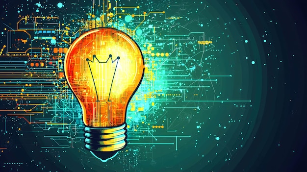 Bombilla con elementos digitales que representan ideas