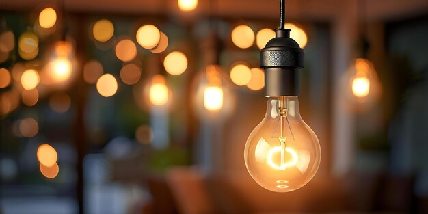 Una bombilla energéticamente eficiente ilumina un hogar sostenible con certificaciones ambientales para la eficiencia energética Concepto Eficiencia energética Certificaciones ambientales de hogares sostenibles