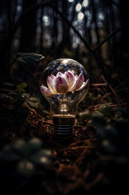 Una bombilla con una flor dentro