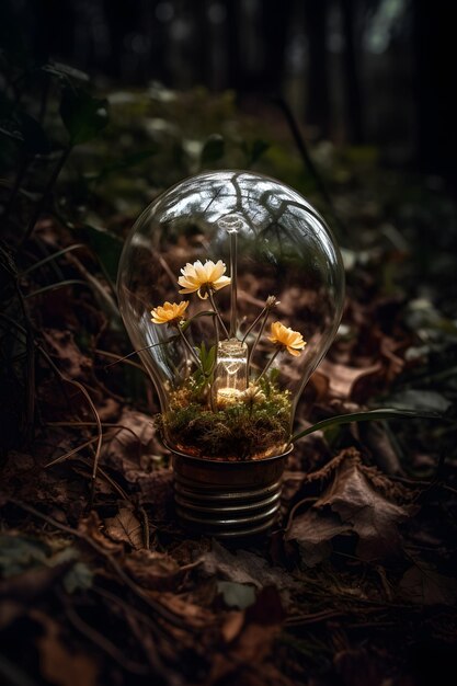 Una bombilla con flores dentro