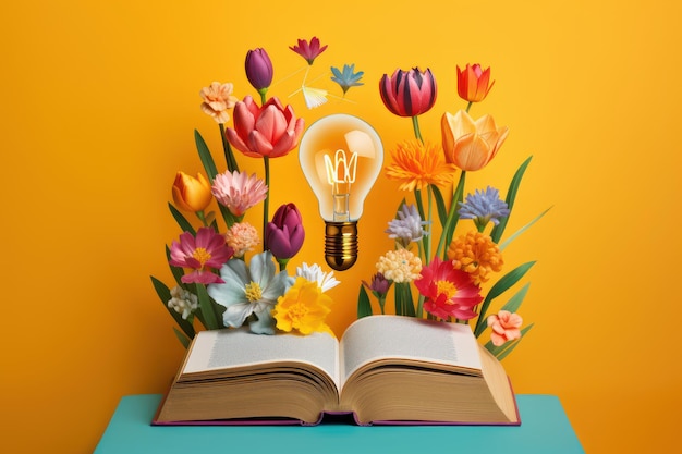 Bombilla con flores en un libro abierto Volviéndose inteligente e inteligente a partir de un libro de lectura creado con Ai