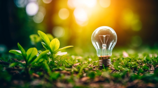 Foto bombilla en el fondo de la naturaleza con hierba verde y luz solar