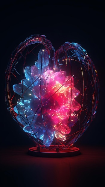 Una bombilla en forma de corazón iluminada con una luz roja y azul.