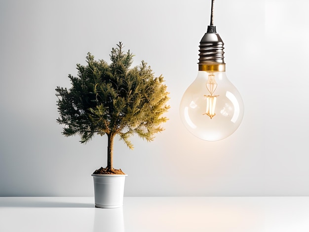 Bombilla con hojas brote de árbol o planta bombilla ecológica lámpara de ahorro de energía generada por IA