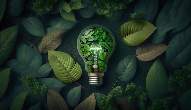 bombilla con hojas verdes en fondo oscuro ilustrador de IA generativa