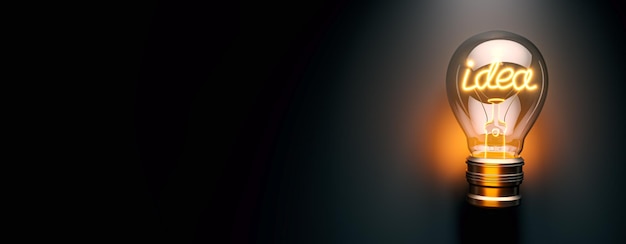 Bombilla iluminada con texto de idea en fondo oscuro Renderización 3D