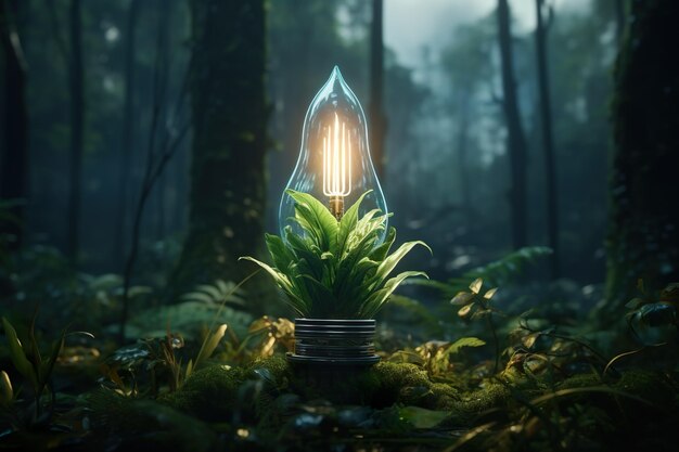 Bombilla incandescente en el bosque que simboliza un ai generativo de energía verde