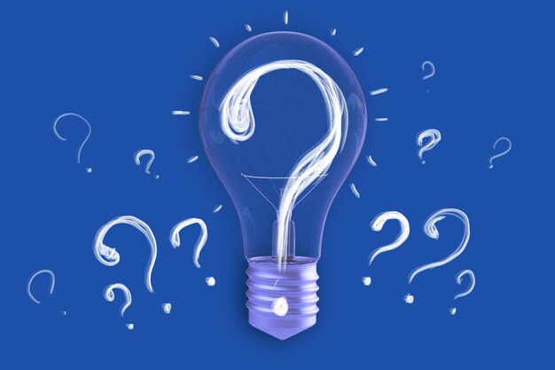 Bombilla incandescente con signos de interrogación en un fondo azul que simboliza el concepto de ideas y preguntas Renderización 3D