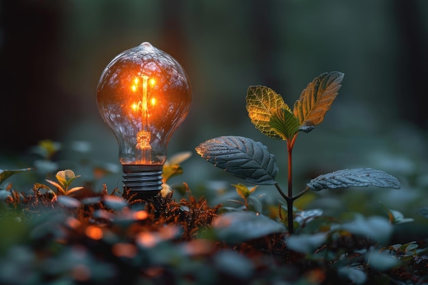 Foto bombilla led encendida por la noche entre la vegetación energías renovables