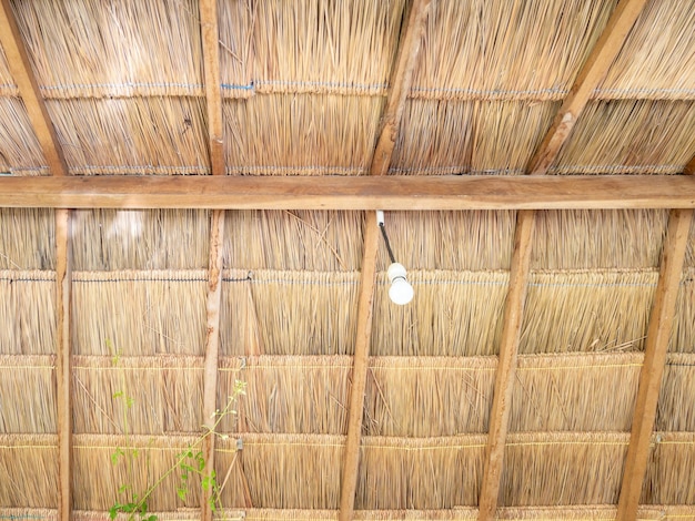 La bombilla LED está colgada del techo del pavilion en la vista frontal del restaurante local con el espacio de copia