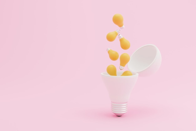 Bombilla de luz amarilla que cae dentro de la bombilla de luz blanca sobre fondo rosa Ideas de pensamiento creativo y concepto de innovación Ilustración de representación 3d