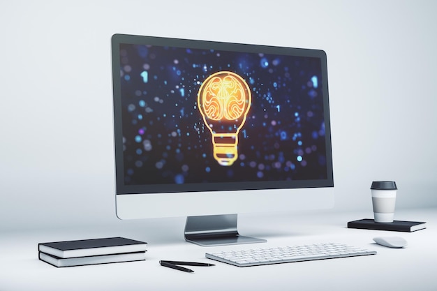 Bombilla de luz creativa con holograma de cerebro humano en monitor de computadora portátil moderno Inteligencia artificial y concepto de redes neuronales Representación 3D