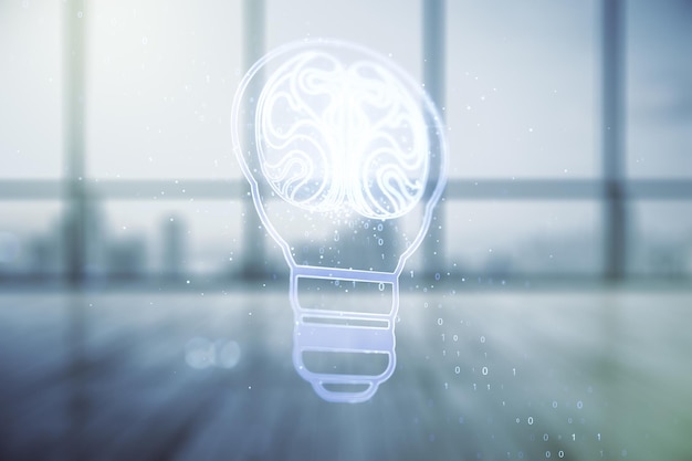 Bombilla de luz creativa virtual abstracta con holograma de cerebro humano en el fondo del aula vacía Concepto de inteligencia artificial y redes neuronales Multiexposición