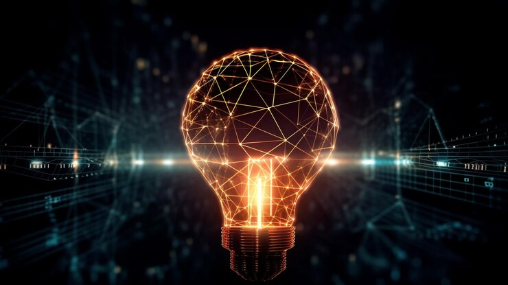 Bombilla de luz incandescente de vidrio sobre fondo oscuro generativo ai