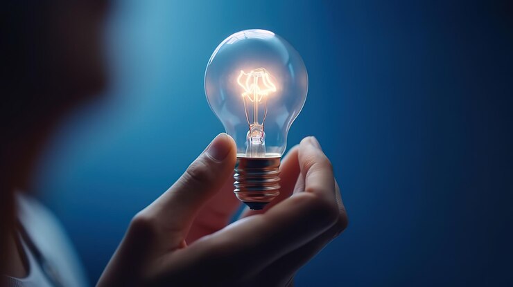 Bombilla con luz en la mano sobre un fondo de banner azul en blanco Ai generativo