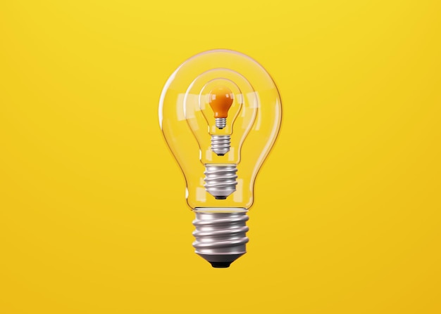 Bombilla de luz de vidrio y bombillas de luz amarilla dentro Concepto mínimo de idea Ilustración 3D