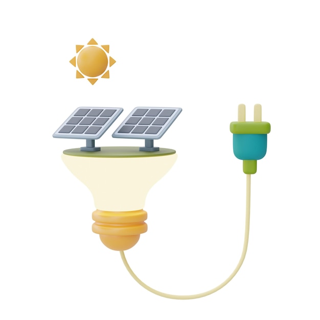 Bombilla con paneles solares y enchufe de alimentaciónFuente alternativa de electricidadFeliz día de la tierraDía mundial del medio ambienteRepresentación 3d respetuosa con el medio ambiente