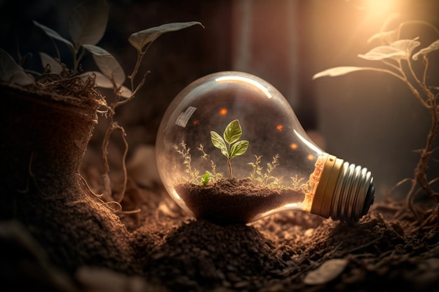 Una bombilla con una pequeña planta a la luz del sol Noción de conservación de energía en la naturaleza Concepto de energía verde IA generativa