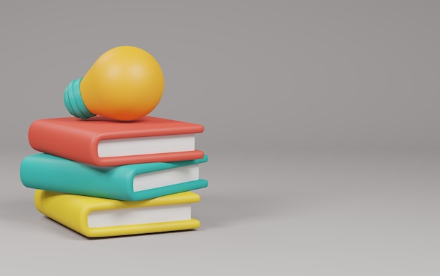 bombilla en una pila de libros fondo gris de vuelta a la escuela concepto ilustración de renderización 3D