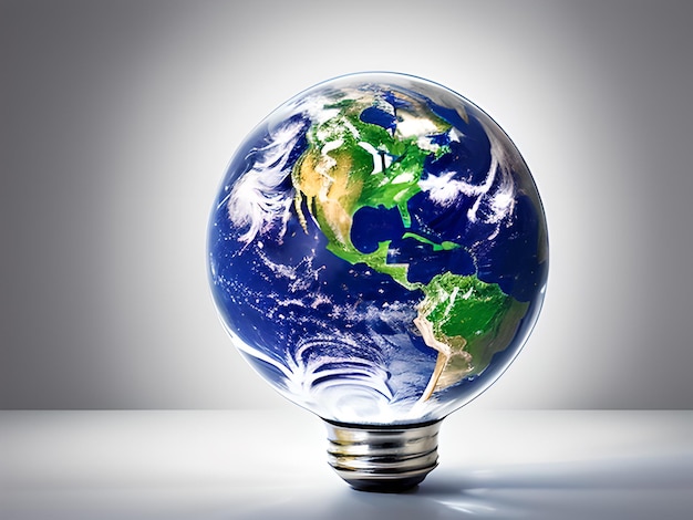 Bombilla con el planeta Tierra como vidrio salvar el mundo ahorro de energía AI generado